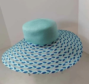 Women’s Summer Hat Wide Brim Blue & Turquoise Mesh Circular Bands Pre-Owned VTG - Picture 1 of 22