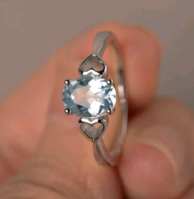Anillo de compromiso de plata aguamarina natural corte ovalado anillo de piedra de nacimiento de marzo Foto 1 de 4