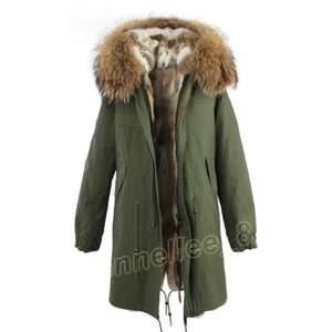 Womens REAL Rabbit Fur Lining Long Parka Jackets Coats Hooded Fur Collar Outwear - Picture 1 of 1