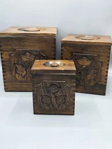 Vintage Sears Wooden Canister Set of 3 Carved Floral Design Rustic Kitchen Decor - Picture 1 of 20