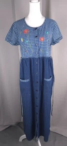 Vtg Women Dress Small Blue Plaid Floral Embroidered Denim Button Front Rustic - Picture 1 of 18