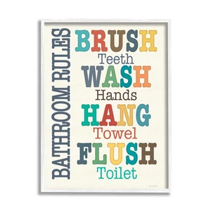 Stupell Industries Colorful Bathroom Rules Typography White Framed 14L" x 11W" - Picture 1 of 8