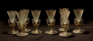 VENETIAN MURANO SET OF 8 GREEN AND GOLD CORDIALS - Picture 1 of 9