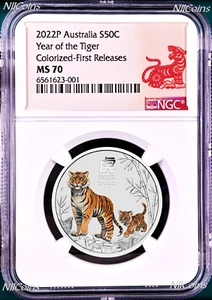 2022 Australia Colored Silver Lunar Year of TIGER NGC MS 70 1/2 oz Bullion Coin - Picture 1 of 2