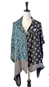 Charter Club Blue Gray Silk Scarf Wrap 100% Silk Paisley Print Shawl Boho Chic - Picture 1 of 9