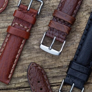 Italian Leather Watch Strap Band - Saddle Stitch Buffalo Grain - 18mm 20mm 22mm - Picture 1 of 13