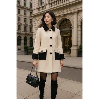 Elegante Chaquetón Retro Crema y Negro Mujer Largo Lana Botón Frontal Talla 8 Foto 1 de 4