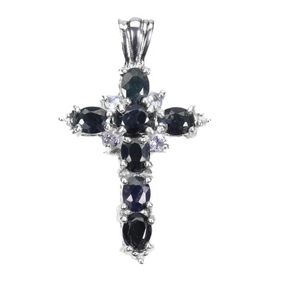 925 Pendente Argento Sterling Ovale Zaffiro Tanzanite Croce No USA Import Tasse - Immagine 1 di 4