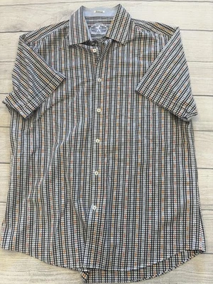 Bugatchi Shirt Mens XL Blue Orange Plaid Short Sleeve Button Front Shaped Fit - Image 1 of 4