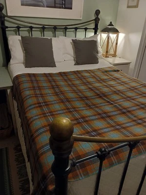 VINTAGE TARTAN WOOL BLANKET - WARM - BROWNS/DUCK EGG BLUE - GORGEOUS! ~Fleur~ - Image 1 of 4