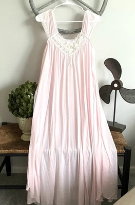 Vintage Miss Elaine Gown Cottagecore Lace Nylon Maxi Length Ribbon M Nightie - Image 1 of 4