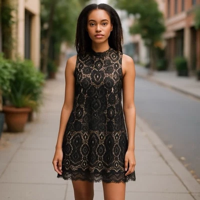 Vestido Love Fire Talla Mediana Negro Sin Mangas Cuello Alto Encaje Superposición Cambio Rodilla Foto 1 de 4