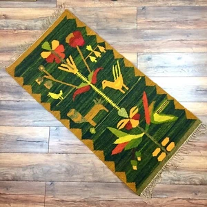 Alfombra Kilim polaca lana anudada árbol de la vida tapiz MCM flecos verde 57x26" de colección - Imagen 1 de 12