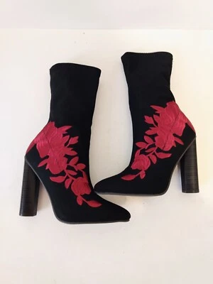 Qupid женщин черный красный цветочный вышитый 4 1/4» пятки носок загрузки sz 6,5 новый с Ярлыками - Изображение 1 из 4