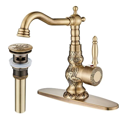BWE Antique Brass Vessel Bathroom Sink Faucet Waterfall Single Lever Mixer Tap Drain