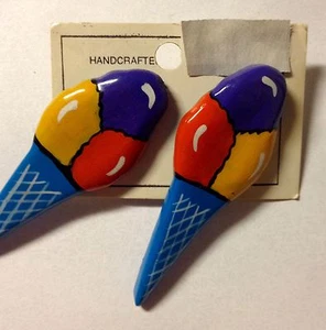Handcrafted Ice Cream Cone Earrings Set Multi-Color Post Handmade Detailed - Picture 1 of 3