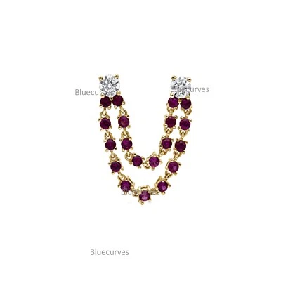 Real Ruby Gemstone & Natural Diamond Double Chain Earrings 14K yellow Gold Fine - Image 1 of 4