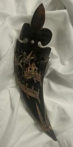 Spectacular Engraved Bull Horn Wall Hanging Bamboo Hut Palm Trees Birds Fence  - Picture 1 of 11