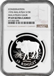 Malaysia 15 ringgit 1976, NGC PF69 UC, "Conservation - Malaysian Gaur" silver - Picture 1 of 2
