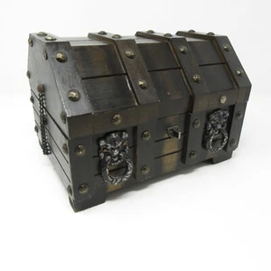Vtg Wood Pirate Treasure Chest Jewelry Box Gothic Lion Heads D&D Mid Century - Picture 1 of 15