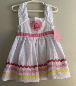 NWT Toddler Girls Dress Seersucker 12M Sleeveless White Heart Pink - Picture 1 of 8