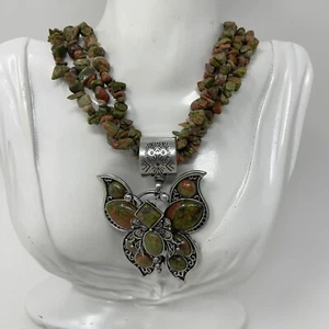 Unakite Butterfly Chip Necklace Silver Tone Cabochon Statement Pendant - Picture 1 of 8