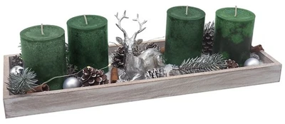 Adventskranz Adventsgesteck Deko-Tablett 4 Adventskerzen Grün Silber Hirsch LED  - Bild 1 von 4