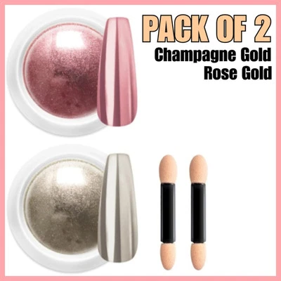 BISHENGYF 2x Nail Powder Rose Gold Champagne Gold Metallic Mirror Chrome Effect Pigment