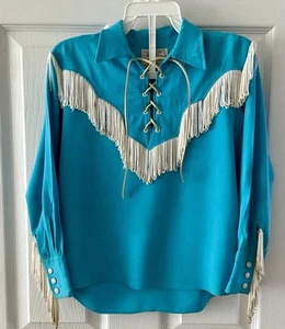 Vintage Boy's H Bar C Ranch Wear Rodeo Shirt Turquoise Fringes Sz 10 Western - Picture 1 of 17