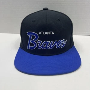 Atlanta Braves Hat Cap Snap Back Mens Black Blue MLB Baseball Script Cooperstown - Picture 1 of 10