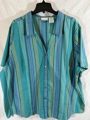White Stag Women’s 26/28 Short Sleeve Teal/Green Striped Button Down Blouse - Image 1 of 4
