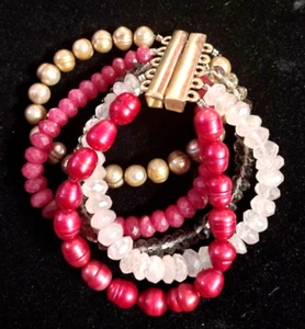 Cultured Pearl - Ruby Quartz  Bracelet - - Magnetic Clasp Multi Strand - Picture 1 of 2