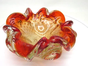 Vintage Murano Red Orange Ashtray Bullicante Controlled Bubbles Candy Dish - Picture 1 of 8