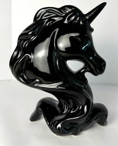 Seltenes 80er Vintage Keramik Einhorn; magischer schwarzer Lack wie Fantasy - Büste 8" - Bild 1 von 11