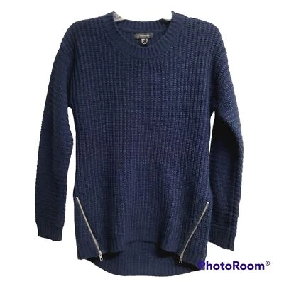 Atmosphere Navy Blue Crew Neck Ribbed Knit Side Zipper Detail Tunic Sweater 6 - Image 1 of 4