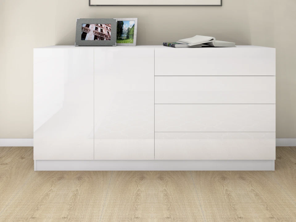 Sideboard 152cm Kommode TV Board Anrichte Grifflos Weiß Hochglanz Schwarz VAASA - Bild 1 von 1