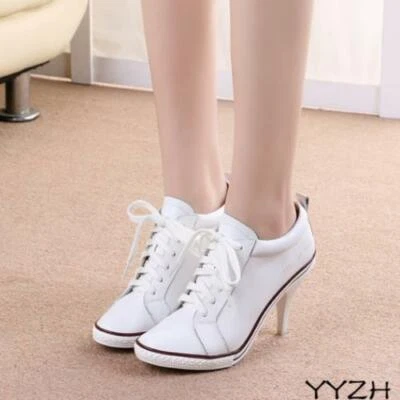 Women Leather Stiletto High Heels Black White Pumps Lace Up Sneakers Sport Shoes - Image 1 of 4