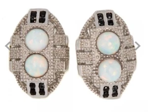 SILVER OPAL (lab Made) AND BLACK CUBIC ZIRCONIA STUD - Picture 1 of 6