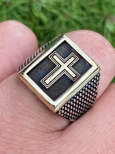 Mens 14k Gold Plated Solid 925 Sterling Silver Christian Cross Ring Oxidized - Picture 1 of 12