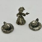 Miniature Pewter Lot Girl With Violin Fiddle And 2 Birds On Nests