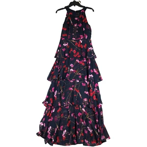 Maxi Vestido Tommy Hilfiger Azul Marino Floral Rojo Rosa Halter en Niveles Fluido Hada NUEVO - Imagen 1 de 10