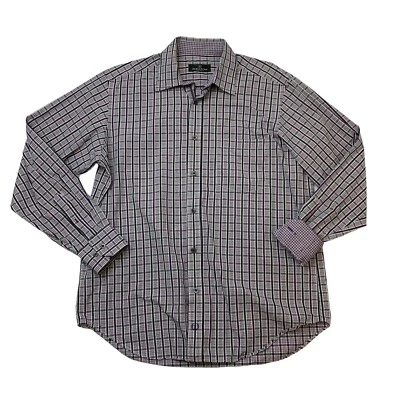 Camisa de vestir Bugatchi para hombre L grande púrpura gris a cuadros algodón manga larga con botones Foto 1 de 4