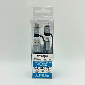 PowerXcel 3-in-1 USB to Micro + Type-C + Lighting 6ft FAST CHARGE Cable Adapter - Picture 1 of 2