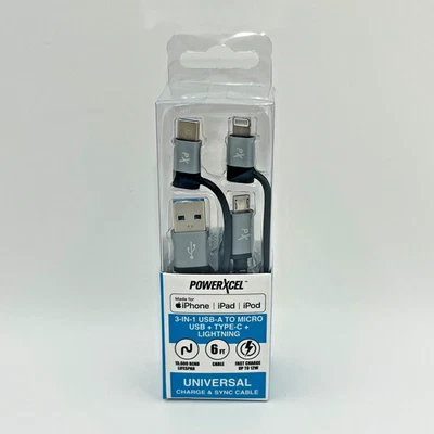 PowerXcel 3-in-1 USB to Micro + Type-C + Lighting 6ft FAST CHARGE Cable Adapter - Image 1 of 2