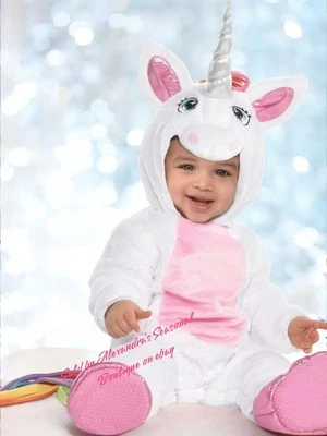 Pink Unicorn Baby Halloween Costume Size 6-12 Months New Jumpsuit Hood Booties - Image 1 of 4
