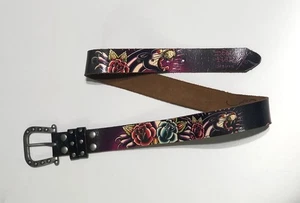 Vintage Y2K Ed Hardy Belt Size Large Handmade Genuine Leather Red Black - Picture 1 of 7