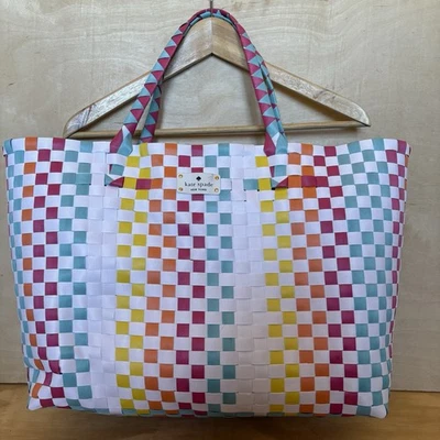 Kate Spade Woven Tote Bag Basket Weave Beach Purse Pink White Blue Yellow - Image 1 of 4