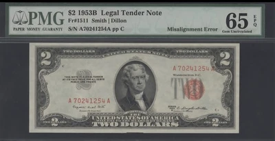 💫💥ERROR  1953   2 DOLLARS  BILL  MISALIGNMENT ERROR S/N A70241254A  - Image 1 of 2
