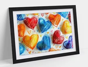 HAND DRAWN HEARTS SKETCHES MULTICOLOUR -FRAMED WALL ART POSTER PAPER PRINT - Picture 1 of 11