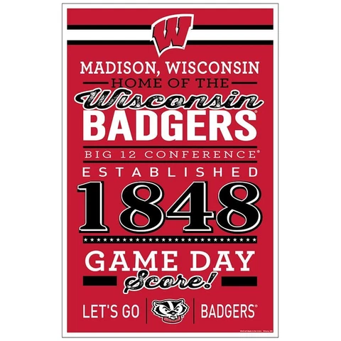 Wisconsin Badgers 11"x17" Wood Sign Established Design [NEW] NCAA Banner Wall Cover